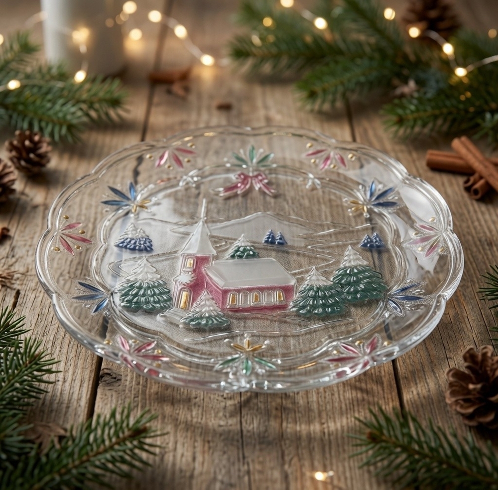 Studio Nova Winter Chapel Christmas Glass Serving Plate Vintage NIB